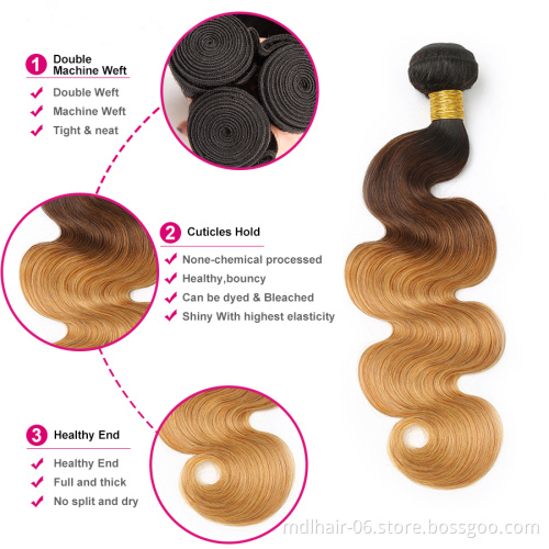 Wholesale Ombre Hair Bundles Body Wave T1B/4/27 30 613# Brazilian Hair Weave Bundles 3 Tone Blonde Human Hair Bundles